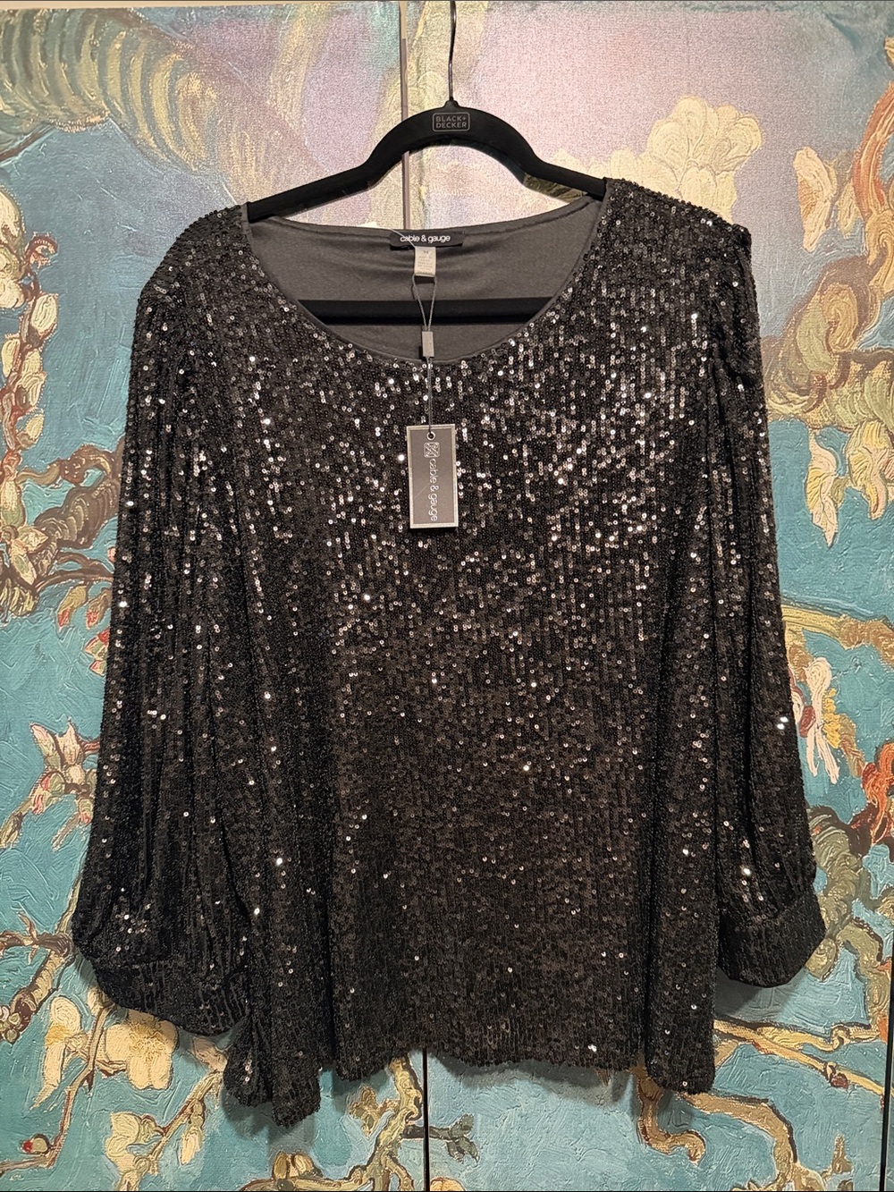 Cable & Gauge Black Sequin Scoop Neck Top